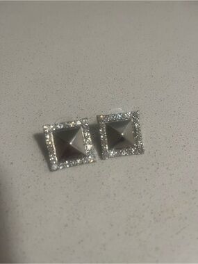 Silver Pyramid Stud Earrings with Pavé Border